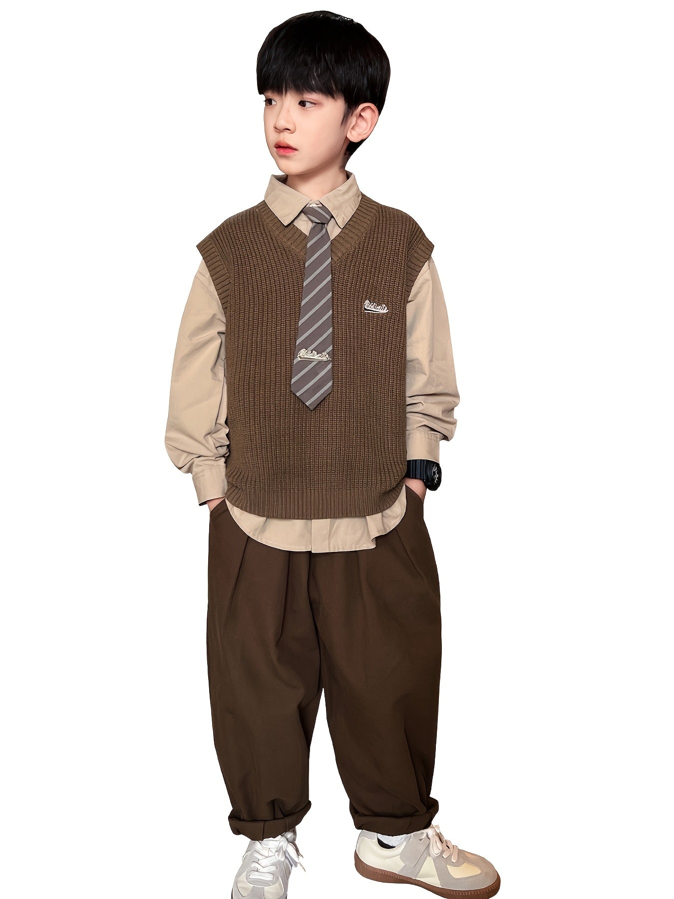 Boys' Cotton Sweater Vest Set with Tie & Trousers, Preppy Style