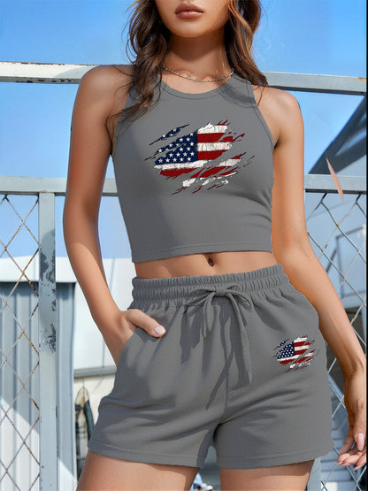 Women's Casual Two-Piece Set with English Print & Slanted Pockets