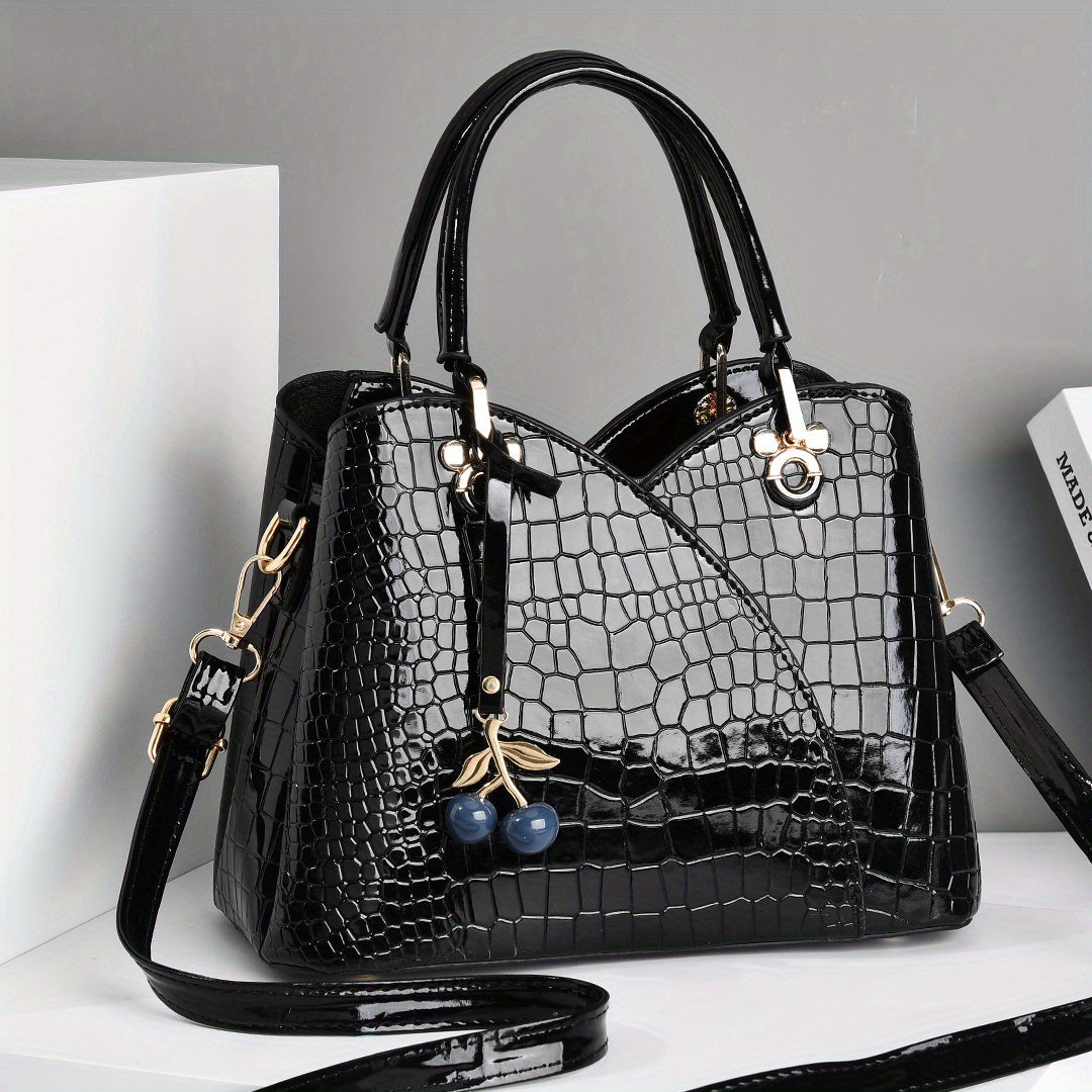 2022 Newest Trendy Women'S Faux Crocodile-Texture Handbag with Cherry Pendant - Stylish Black And Red Shoulder And Handbag, Zip Closure, Polyester Lining, Edge Paint Detail, Handbag|Chic Handbag|Zippered Bag