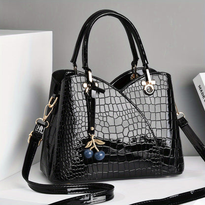 2022 Newest Trendy Women'S Faux Crocodile-Texture Handbag with Cherry Pendant - Stylish Black And Red Shoulder And Handbag, Zip Closure, Polyester Lining, Edge Paint Detail, Handbag|Chic Handbag|Zippered Bag