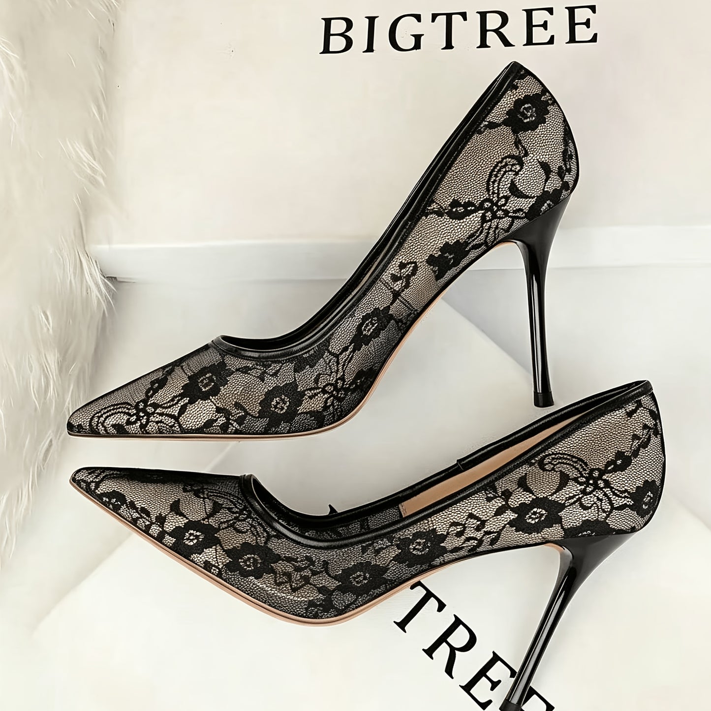 Women’s Mesh Lace Stiletto Heels Pointed Toe Elegant Dress Shoes