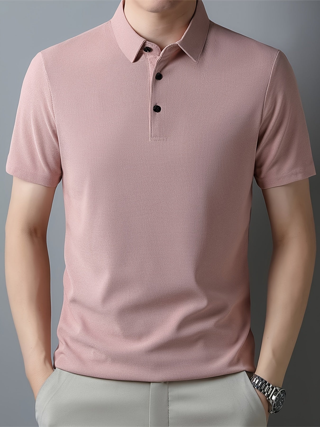 Men's Solid Short Sleeve And Lapel Collar Henley Shirt, Casual And Comfy Sports Tops For Summer Golf Wear And Outdoors Activities