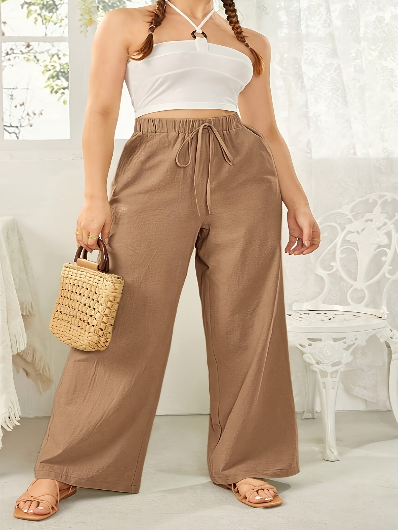 Women’s High-Waist Straight Polyester Trousers with Fake Drawstring