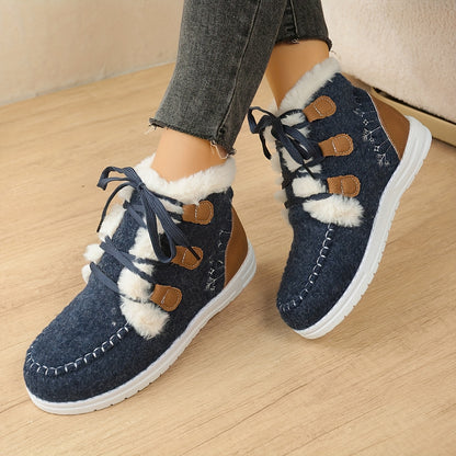 New Autumn-Winter Plush Lace-Up High Top Women's Snow Boots, Fashionable Warm Short Ankle Shoes, Trendy Versatile Comfortable Thermal Low Cut Winter Footwear