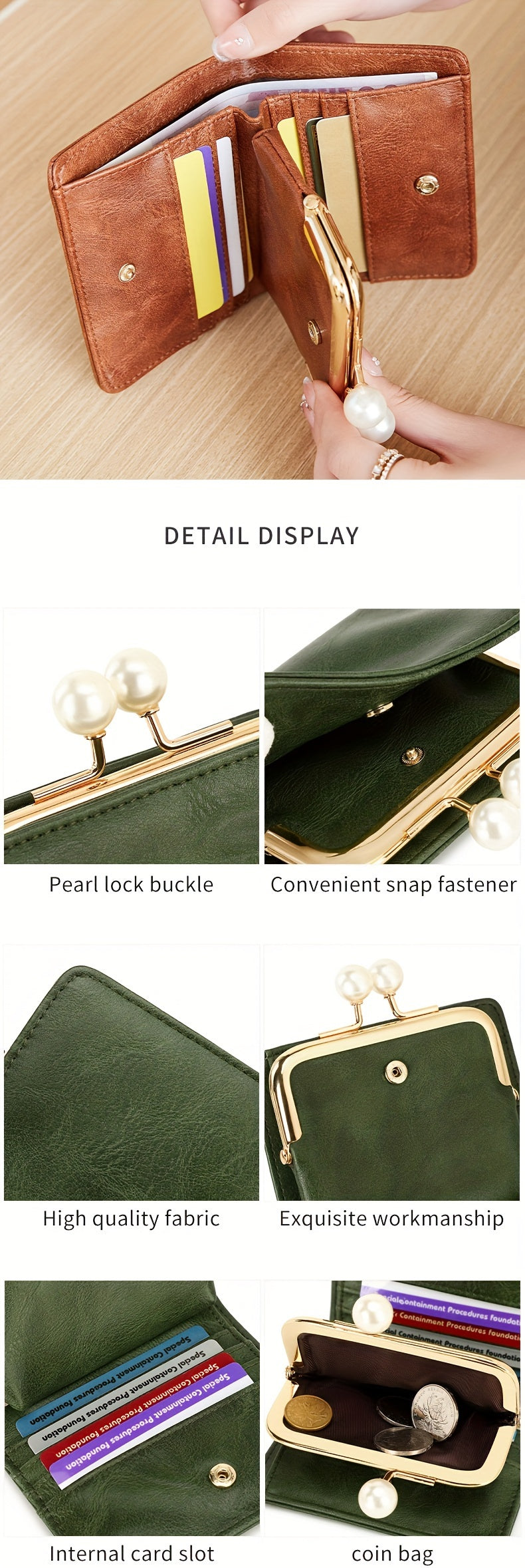 Women's Wallet Short Compact Three Layer LargeCapacity Retro Pearl Wallet High Quality PU Multi Card Seat/Coin ZeroWallet
