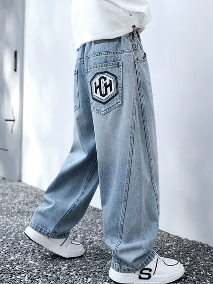 Light Blue Washed Wide-Leg Denim Jeans for Teen Boys