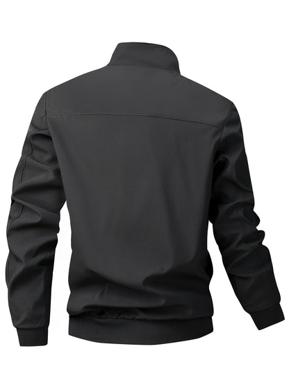 Men's Casual Royal Blue Bomber Jacket - Full Zip, Loose Fit, Polyester, Stand Collar, Long Sleeve, Lightweight & Durable for Spring and Fall, Casual Outerwear | Ribbed Cuff Sleeves | Durable Outerwear