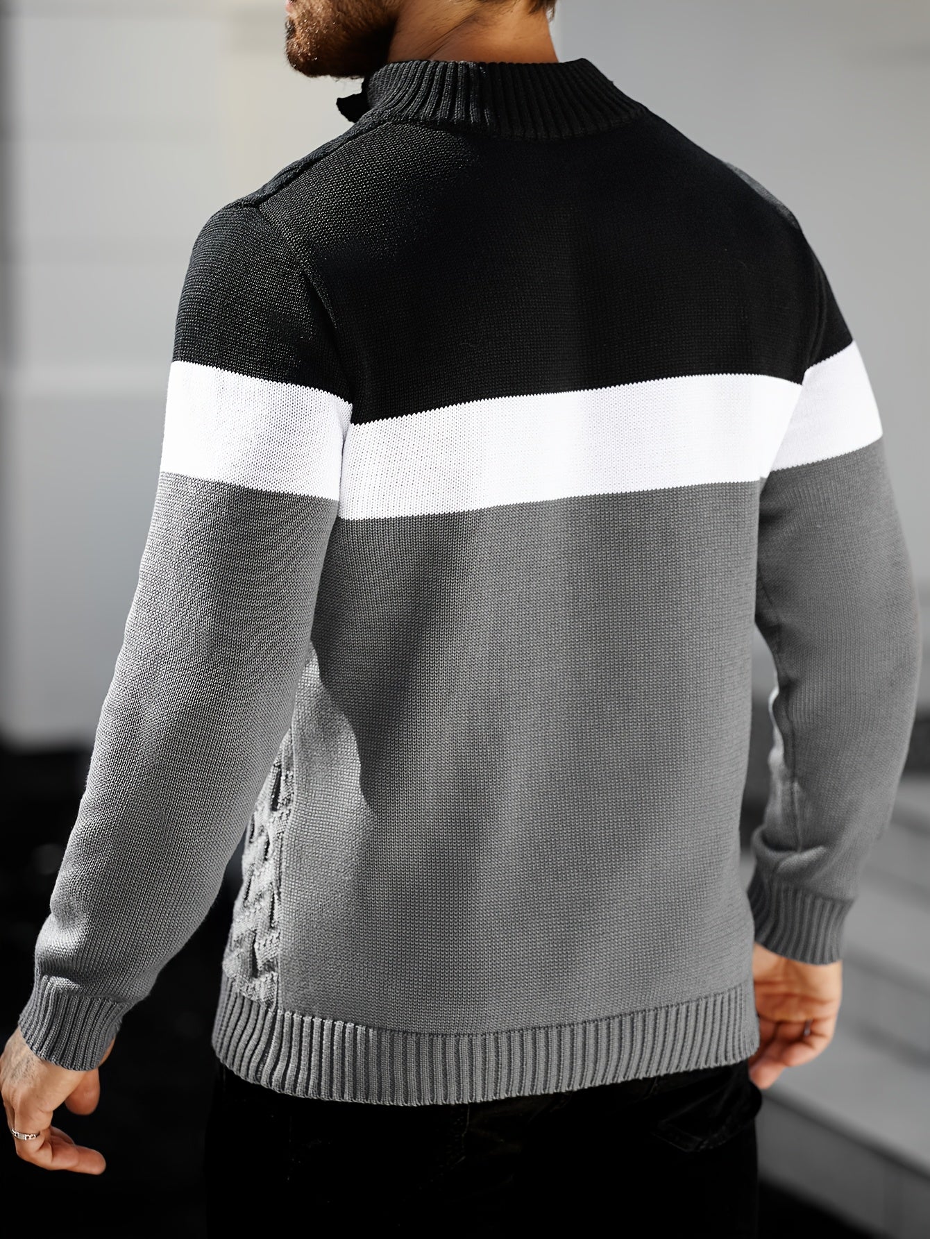Men'S Stand Collar Pullover | Casual Fashion Quarter Button Stitching Knitwear with Geometric Pattern, Long Sleeve, Regular Fit for Fall/Winter - ayq