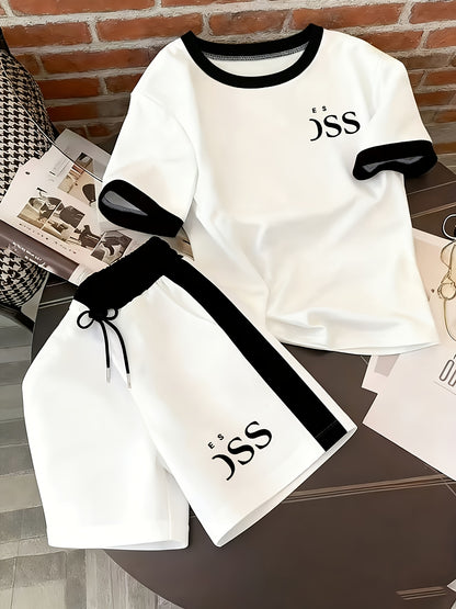 Women's Summer 2-Piece Set: Short Sleeve Top & Shorts, Elegant Geometr