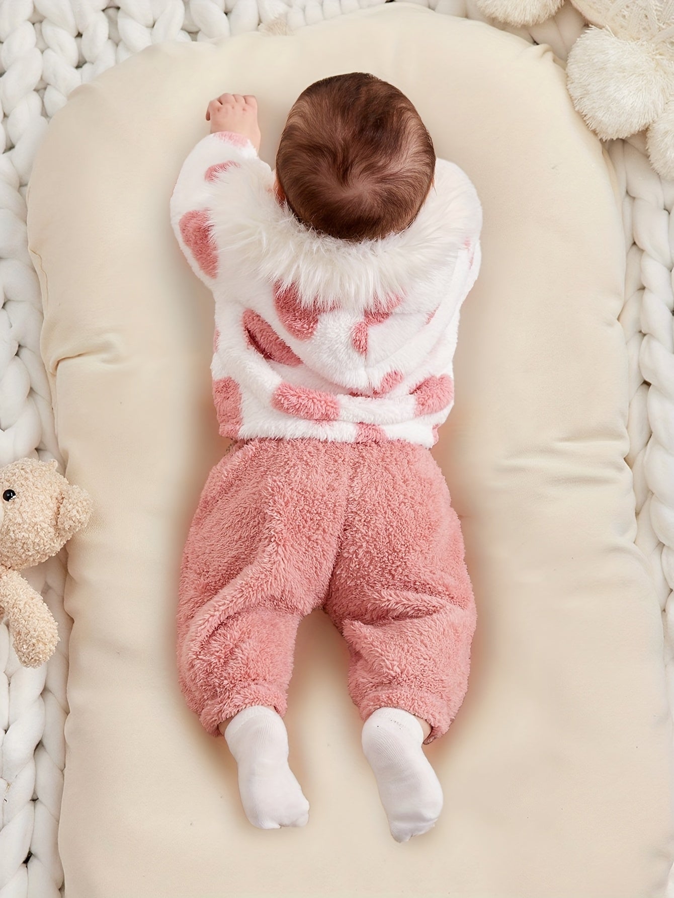 A Set of Warm Clothes for Baby Girls, Warm Hooded Fleece Jacket, Cardigan Top + Elastic Waist Warm Pants, Autumn And Winter Style, Cute Cold-Proof Jacket for Girls, Fur Zipper Outerwear, Outdoor Clothing Set, Newborn Children