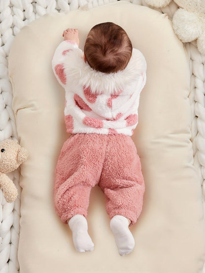 A Set of Warm Clothes for Baby Girls, Warm Hooded Fleece Jacket, Cardigan Top + Elastic Waist Warm Pants, Autumn And Winter Style, Cute Cold-Proof Jacket for Girls, Fur Zipper Outerwear, Outdoor Clothing Set, Newborn Children