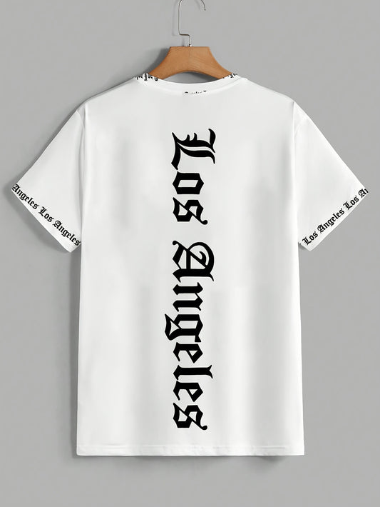 OBM Men's Casual Los Angeles Graphic Print T-Shirt - 100% Polyester Summer Short Sleeve Tee, Breathable Round Neck Regular Fit Machine Washable, Everyday Comfort, Bold Text Style, Smooth Texture