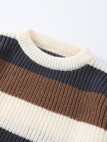 JNBLDA Chic Striped Knitted Sweater, Men's Casual Warm Stretch Round Neck Pullover Sweater for Fall Winter