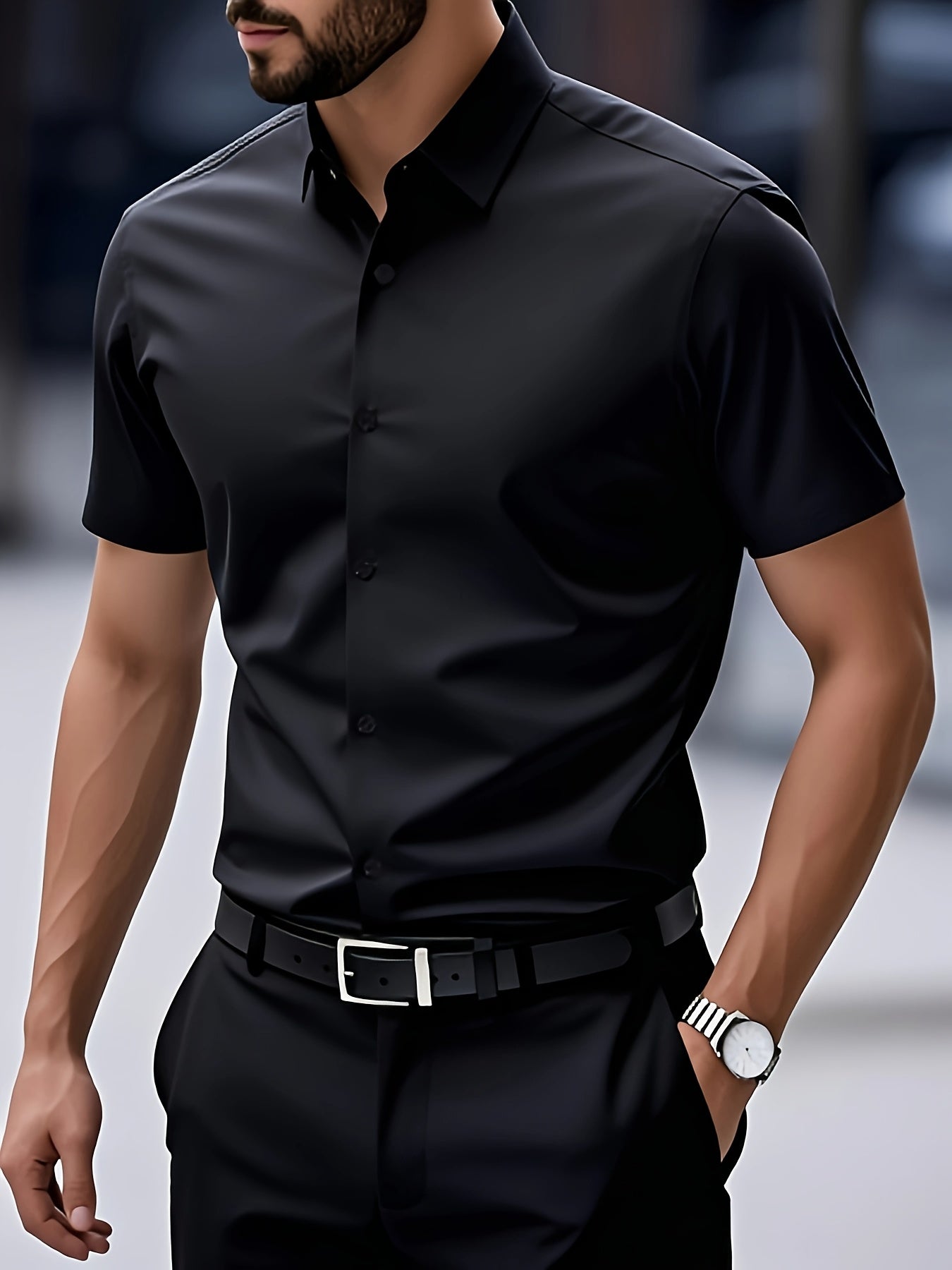 Men's Casual Navy Blue Short-Sleeve Polyester Shirt