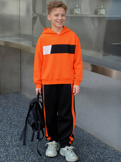 2pcs Boys' Winter Hooded Sweatsuit & Pants - Warm Sweater Outfit with Matching Long Pants, Colorblock Hoodie (Suitable for & Big Kids) - Machine Washable 2pcs set, Perfect for Outdoor