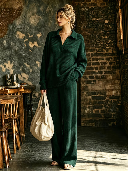 Women's Solid Color V-Neck Long Sleeve Top & Pants Set