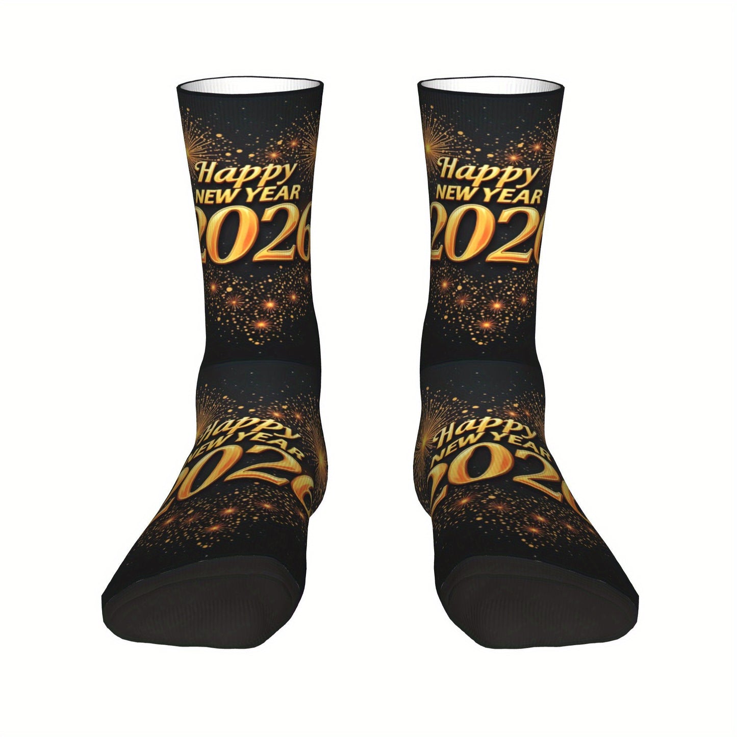 1pc Harajuku Happy New Year 2026 Crew Socks - Black with Golden Glitter "Happy New Year 51.46meter Print, Versatile Sports & Fitness Socks for Men, Women, and Gifts, Hand Wash or Dry Clean, Festive Socks | Festive Crew Socks