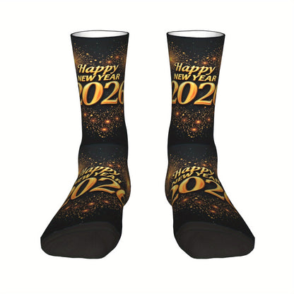 1pc Harajuku Happy New Year 2026 Crew Socks - Black with Golden Glitter "Happy New Year 51.46meter Print, Versatile Sports & Fitness Socks for Men, Women, and Gifts, Hand Wash or Dry Clean, Festive Socks | Festive Crew Socks
