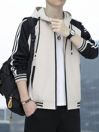 Men's Hooded Color Block Zipper Coat for Spring & Autumn