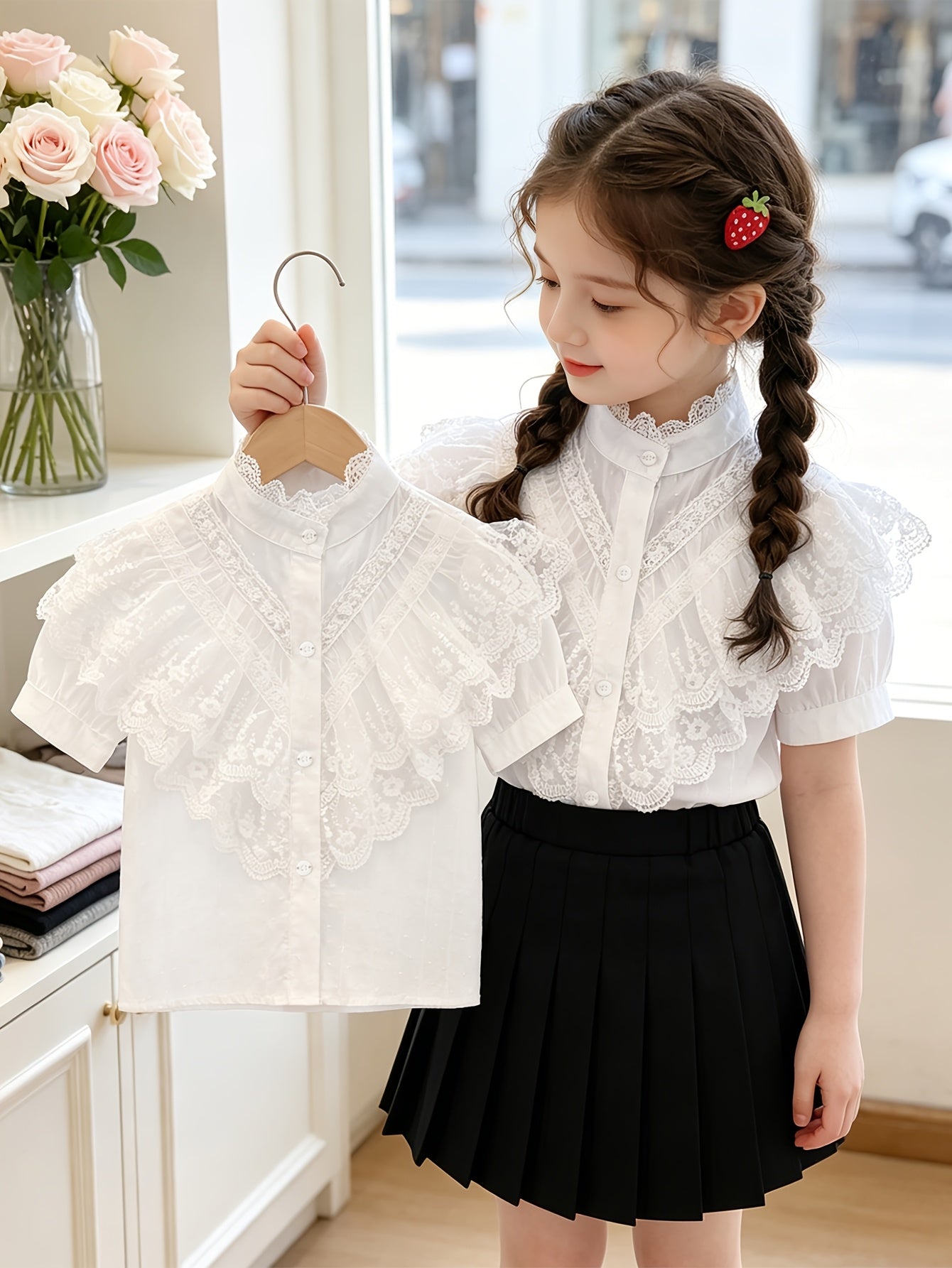 Girls' Summer Cotton Short-Sleeve Shirt with Lace Trim Collar