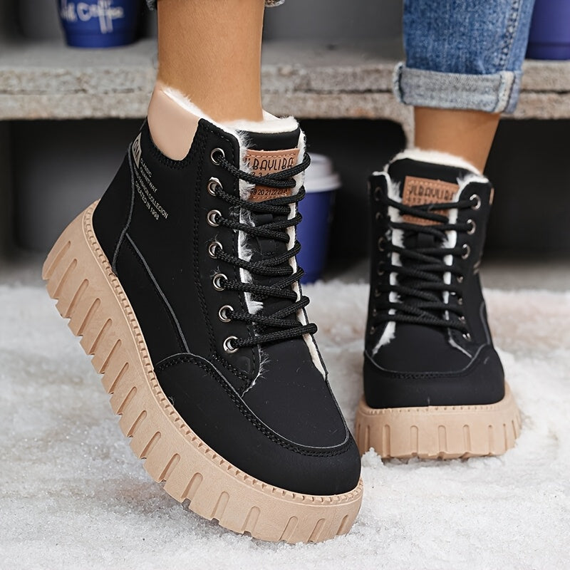 Women'S Winter Warm High-Top Ankle Boots - Thick Platform Sole, Round Toe, Lace-Up Closure, Synthetic Cover Upper, Rubber Sole, Mid-Heel, Casual Style, All-Season