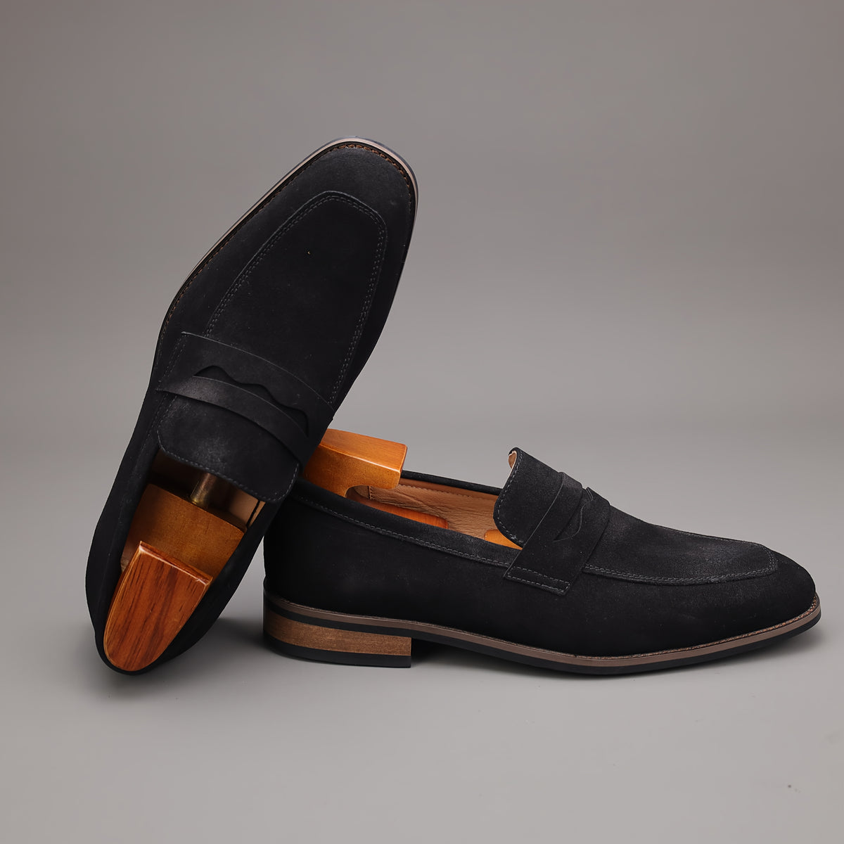 Men's Top Grain Suede Penny Loafers with Non-Slip Rubber Sole