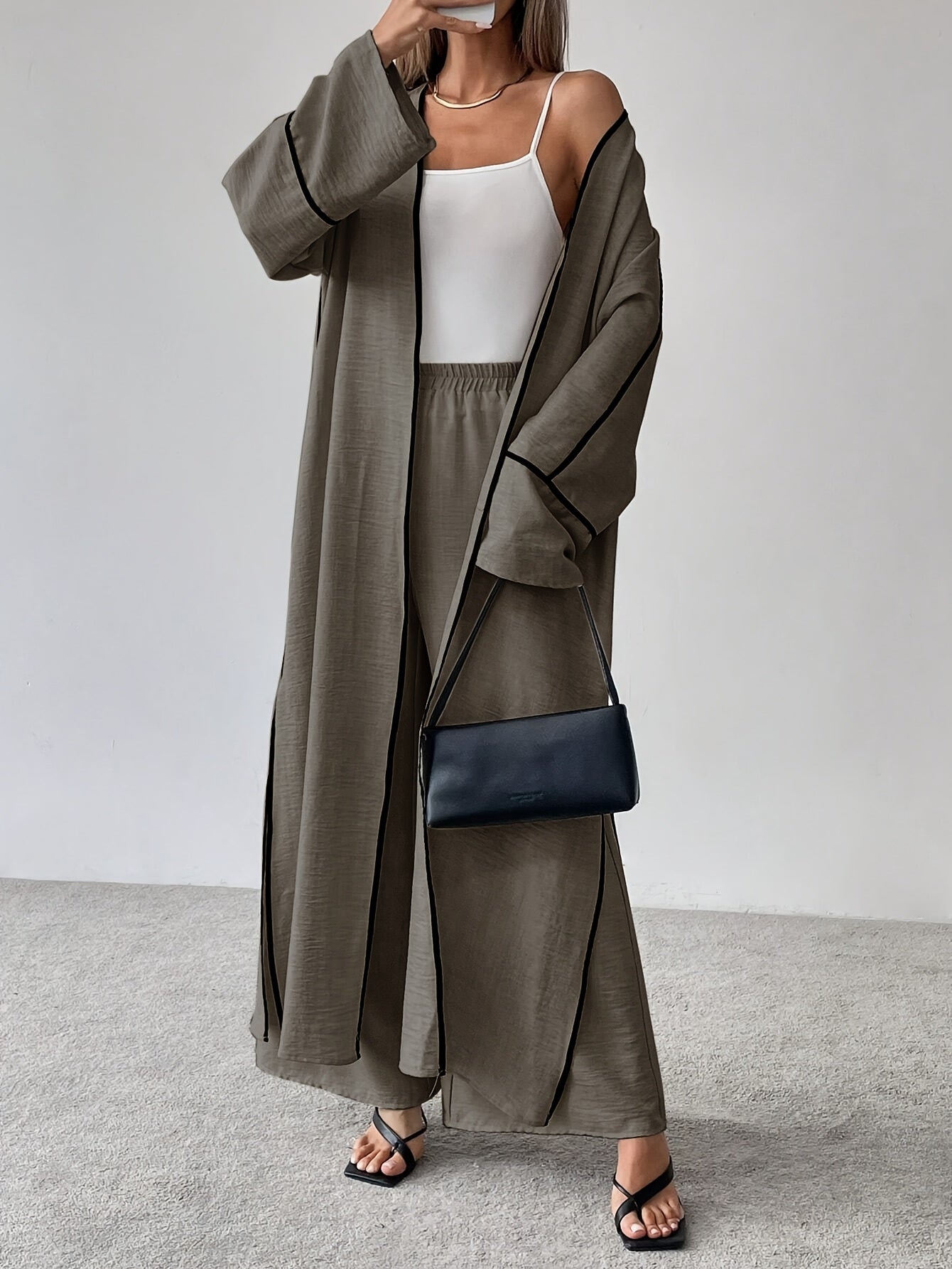 Women'S Elegant Fashion Work Casual Two-Piece Set - Long Sleeve Cardigan with Color Block Detail and Wide-Leg Pants, Loose Fit, All-Season Wear, Stylish Work Attire|Casual Style|Color Block Detail