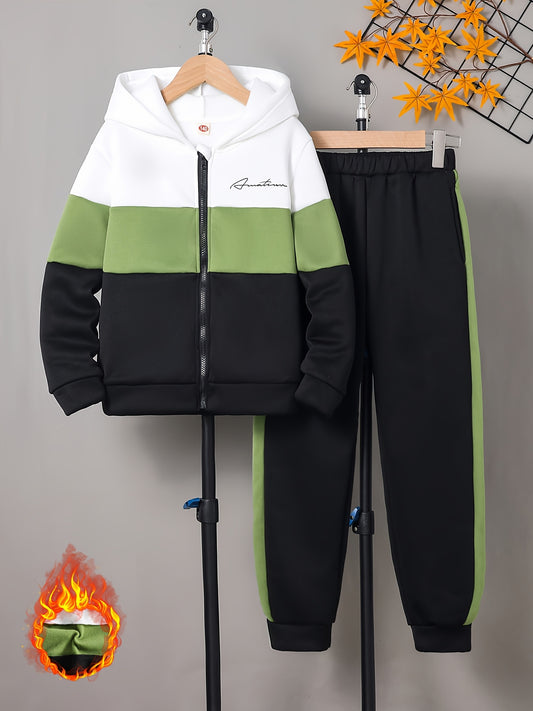 2pcs Boys' Winter Fleece-Lined Hooded Zip-Up Jackets with Elastic Waistband & Contrast Color Block Design - Casual Outdoor Wear for Autumn/Winter, Stylish Letter Pattern, Cozy Fleece Pants, Perfect for Outdoor, Thick