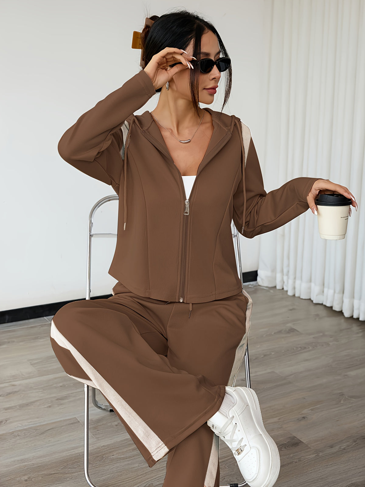 Women’s Casual Two-Piece Color Block Hoodie and Pants Set - ayq