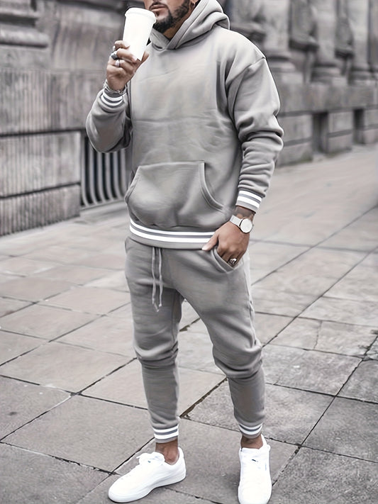Men's Solid Color Hooded Casual Sportswear Set - ayq