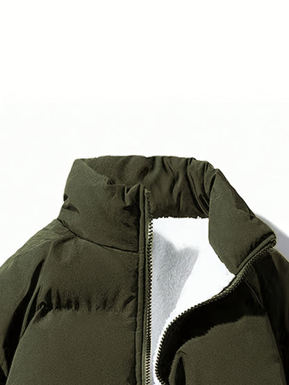 Yilong OBM Men's 2025 Fleece-Lined Winter Coat - Stand Collar Padded Insulation, Machine Washable Polyester, Solid Color Casual Jacket with Zipper Closure for Cold Weather, Winter Jacket, Outdoor Clothing, Minimalist Design,