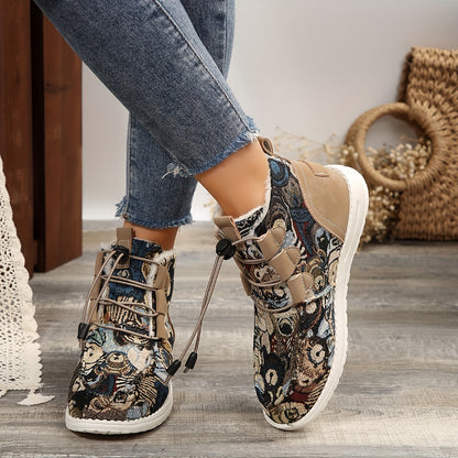 Women'S Cozy Winter Boots - Comfortable Slip-On Mid-Calf Riding Boots with Thick Sole, Round Toe, White & Black Lace-Up Design - Perfect for Cold Weather, Snow Boots, Winter Boots