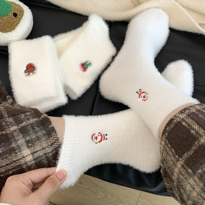 1 Pair Women's Cozy Furry Winter Thermal Socks - Thick Warm Plush Polyester with Festive Snowman, Gingerbread & Reindeer Embellishments, Soft Round Toe & Heel, Hand Wash Only - Christmas & New Year's Party Socks for Cold Weat