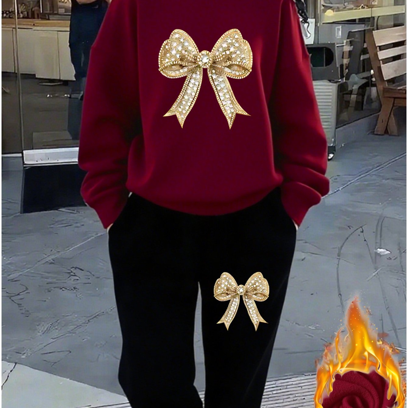 Women'S Sparkling Bow Print Sweatshirt and Pants Set - Casual Long Sleeve Pullover with Glittery Bow Design, Black and Gray, Perfect for Casual Attire, Casual Wear|Sparkling Bow Design|Stretchy Fabric