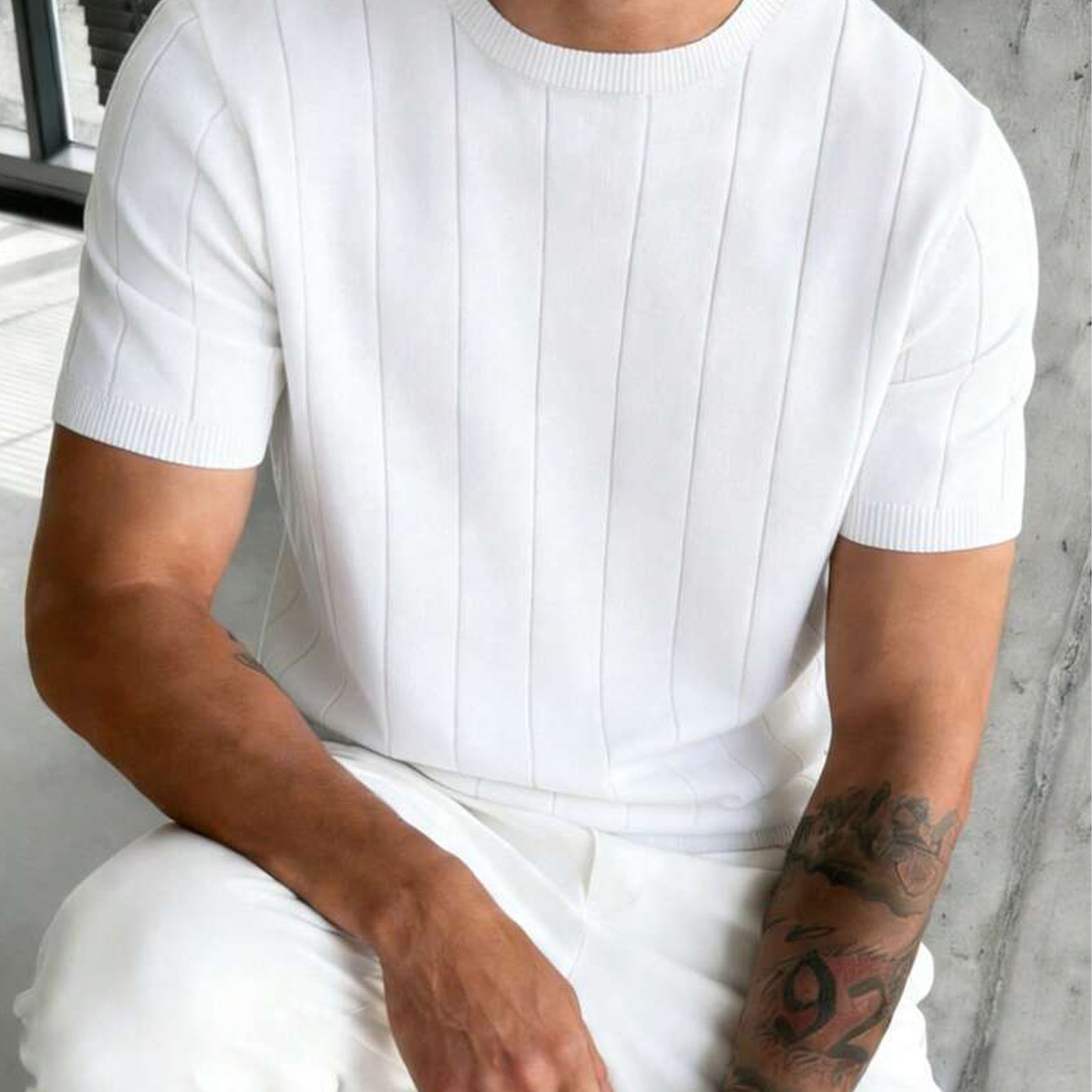 Men'S Slim-Fit Vertical Stripe Crew Neck Knit Short Sleeve T-Shirt | Breathable, Skin-Friendly Fabric, Ideal for Casual and Business Occasions, Versatile Layering Piece - ayq