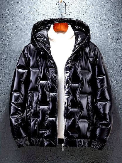 Men'S Winter Coat - Glossy Black Cold Weather Jacket, Non-Stretch Outer Shell, Zippered Pockets & Hooded Design for Formal & Everyday Use - Insulated Outerwear for Everyday & Special Occasions, Winter Jacket, Sleek Appearance