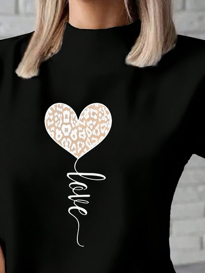 Women's Fashionable White T-Shirt with Leopard Print Heart and "LOVE" Cursive - Short Sleeve, Polyester Blend, Machine Washable