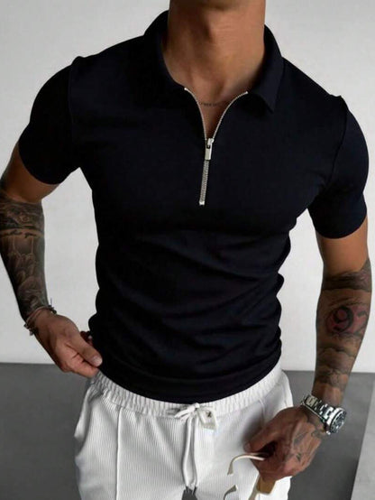 Men's Slim-Fit Zip Shirt with Short Sleeves, Featuring a Minimalist and Trendy Style. Designed with a Half-zip Collar, It Is Made of Soft, Skin-friendly Stretch Fabric That Is Breathable and Sweat-wicking. The Form-fitting De - ayq