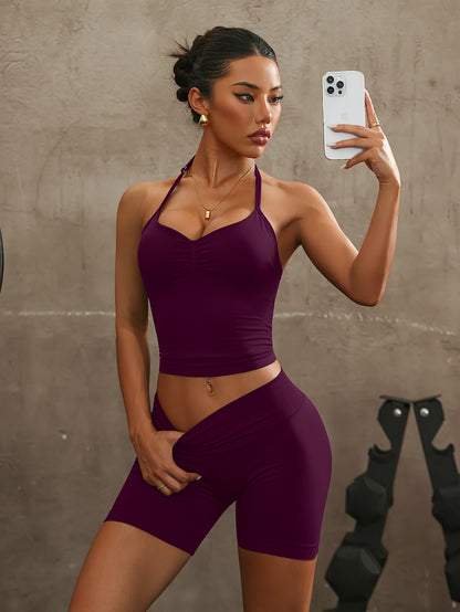 Dopamine-Style Halter Neck Two-Piece Set with Sports Shorts