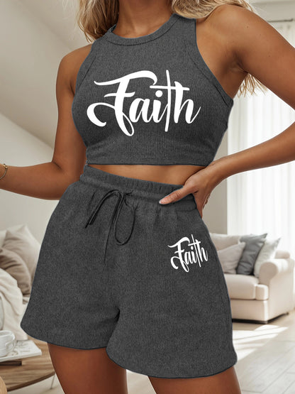 Women's Casual Two-Piece Set with English Print & Wide Leg Pants