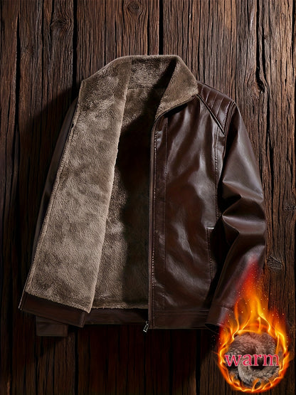 Men'S Faux Leather Jacket with Fleece Lining, a Warm Winter Coat Featuring a Stand Collar And Zip Closure, Stylish Casual Menswear, Available in Black/Brown Fashionable Motorcycle Jacket, Windproof And Warm, Perfect for Cold