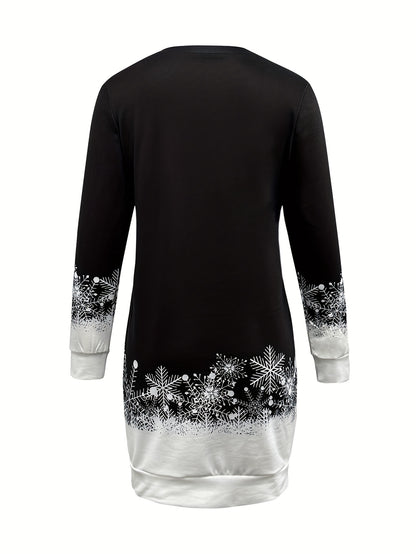 Women's Elegant Winter Snowman & Snowflake Print Sweater Dress - Long Sleeve A-Line Silhouette with Round Neck, Machine Washable Christmas Party Outfit for Holiday Events, New Year's Eve & Everyday Winter Wear - Cozy Casual t