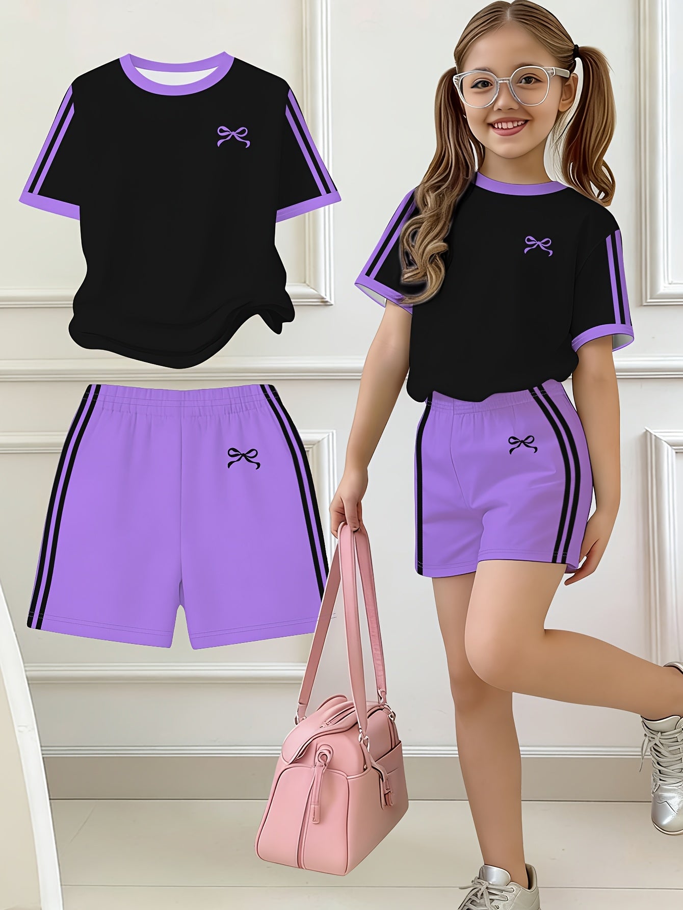 Girls' Butterfly Print Bow Short Sleeve Tee & Shorts Set