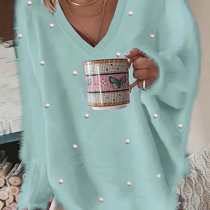 Plus Size - Women'S Cozy Yellow V-Neck Sweater with Pearl Buttons & Fleece-Lined Cuffs - Asymmetrical Hem, Geometric Pattern, Casual Winter Pullover for Casual Attire, Winter Apparel | Vneck Sweater | Pearl Button Details, Sw