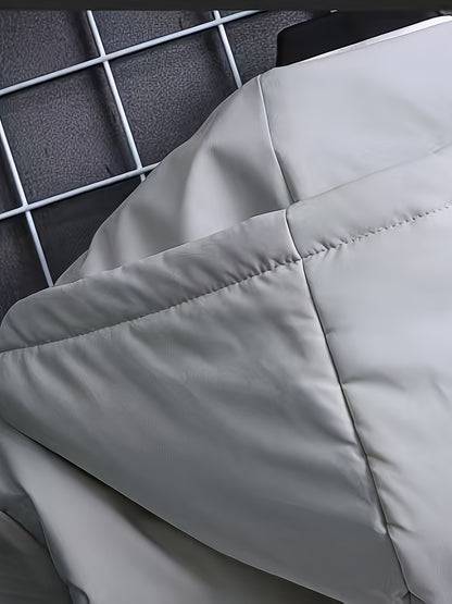 Men's Winter Windproof Jacket Thickened Insulated College Style Hooded Coat with Zipper Front, Pockets & Machine Washable - Solid Color for Hiking & Outdoor Activities