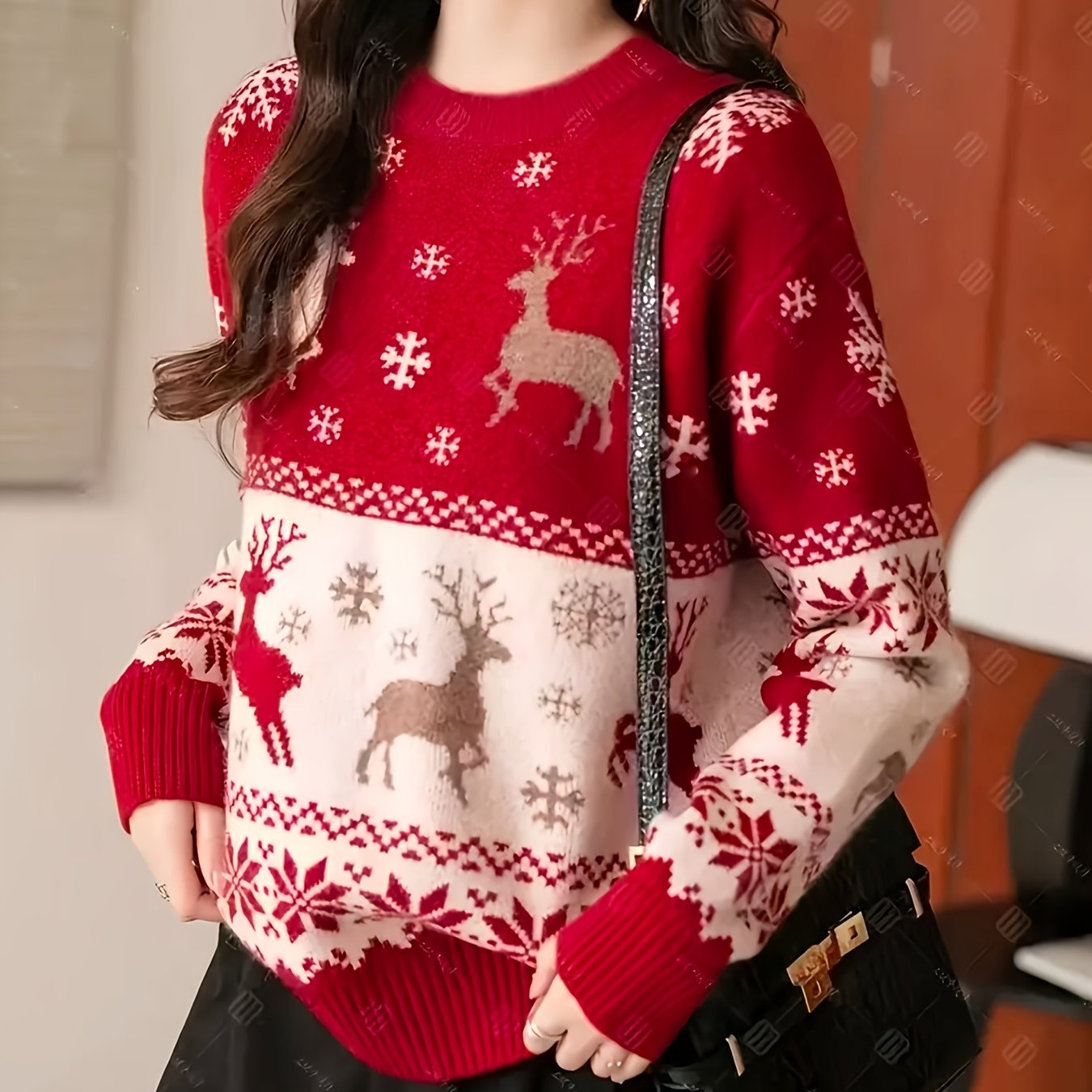 Women's Elegant Red & White Winter Sweater with Nordic Reindeer & Snowflake Pattern - Cozy Sweater for Christmas, New Year's Eve, Valentine's Day - Machine Washable Long Sleeve Round Neck Sweater in Red, White, Brown & Black