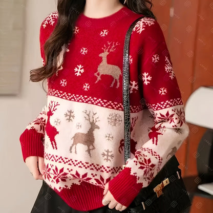 Women's Elegant Red & White Winter Sweater with Nordic Reindeer & Snowflake Pattern - Cozy Sweater for Christmas, New Year's Eve, Valentine's Day - Machine Washable Long Sleeve Round Neck Sweater in Red, White, Brown & Black