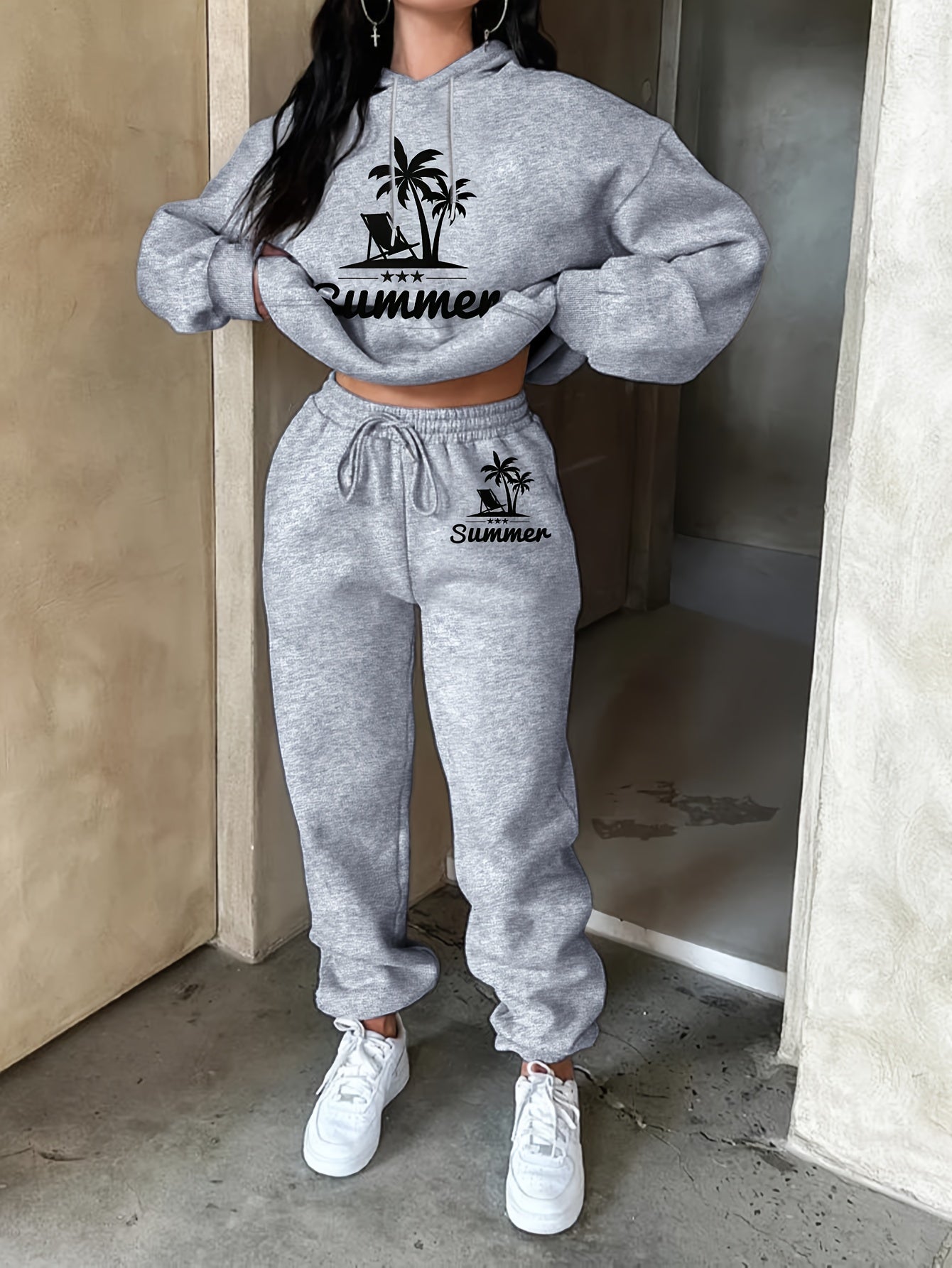 Women's Casual Summer Printed Hoodie and Joggers Set