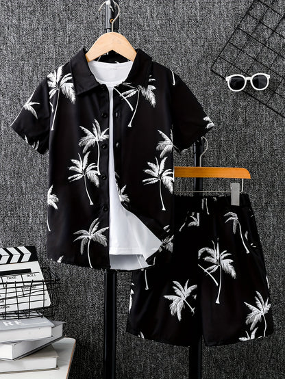 2pcs Boys Casual Coconut Tree Graphic Print Short Sleeve Lapel Shirt & Shorts Set, Comfy Summer Boys Clothing For Daily & Outdoor Wear