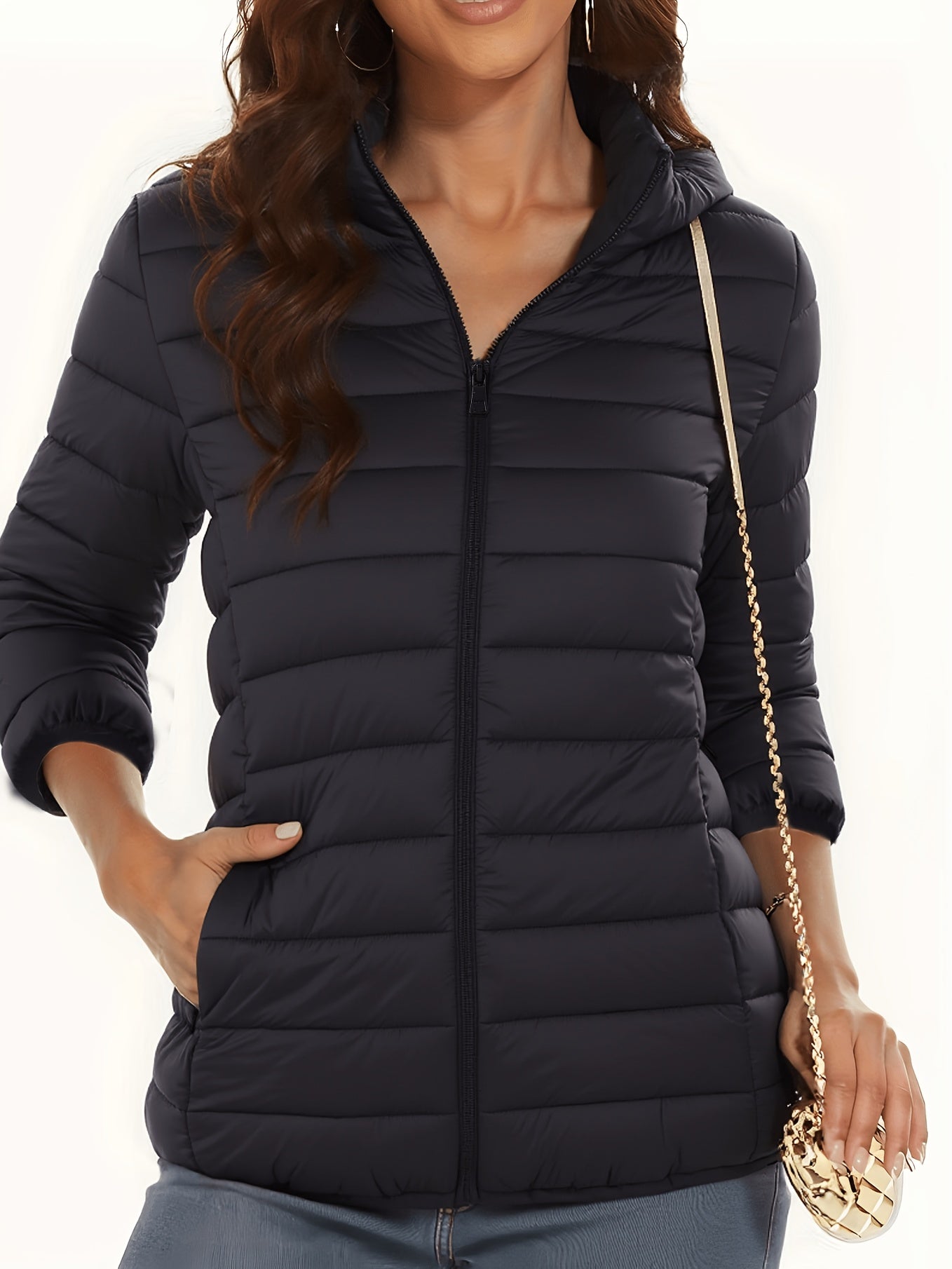 Lightweight Women's Hooded Zipper Padded Coat with Retractable Cuffs
